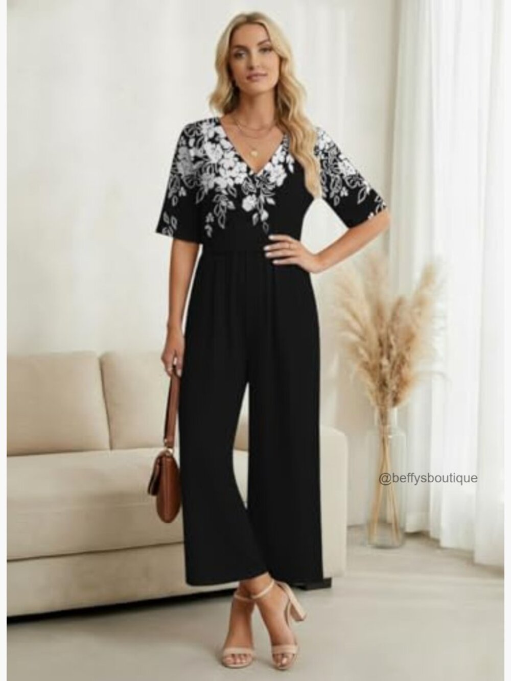 Wide Leg Jumpsuit with Pockets V Neck Short Sleeve Floral - Picture 4 of 7